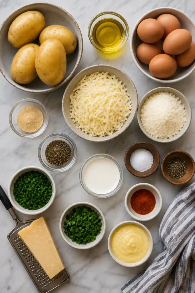 Baked Eggs Napoleon served with fresh herbs and optional Hollandaise sauce. The layered potato stacks are crispy and golden.
