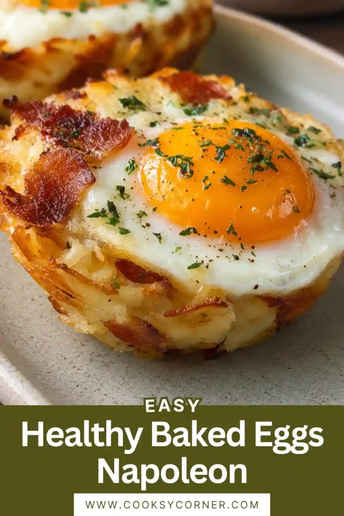 Close-up of crispy potato egg stacks topped with baked eggs and fresh chives. The cheese is melted and golden brown.