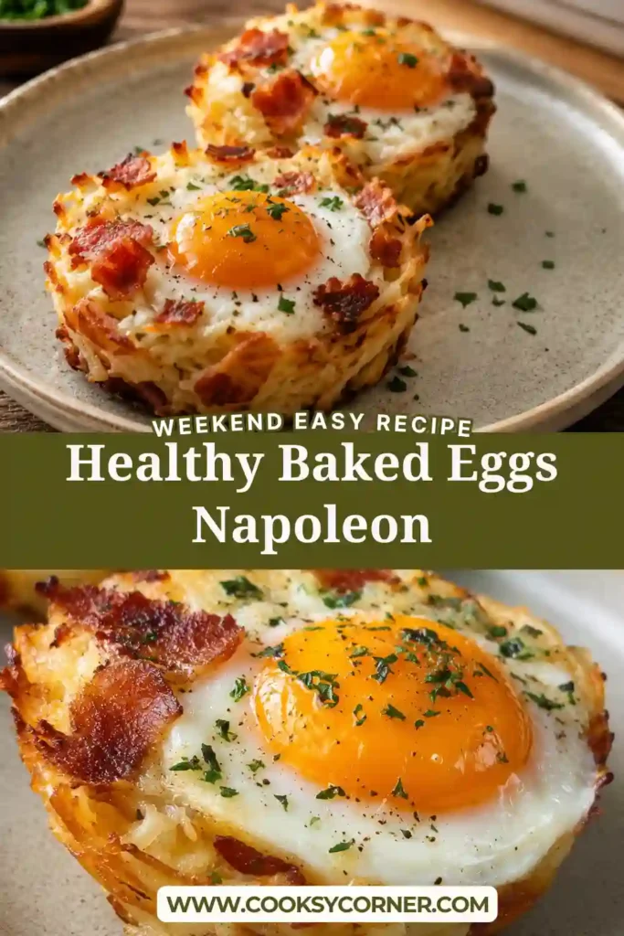 Golden Baked Eggs Napoleon made with layered Yukon Gold potatoes, melted Gruyere cheese, and perfectly baked eggs. The crispy potato stacks are garnished with fresh herbs.