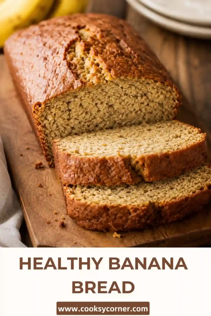 Freshly baked healthy banana bread cooling on a wire rack with bananas and cinnamon nearby. A wholesome homemade baking recipe.