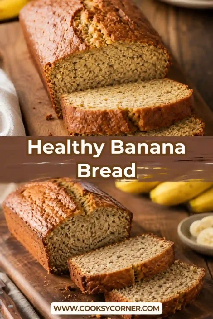 Homemade healthy banana bread baked until golden brown and sliced for serving. A lighter banana bread recipe with reduced sugar and wholesome ingredients.