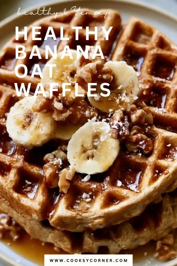 Freshly made Healthy Banana Oat Waffles stacked on a plate and topped with sliced bananas. These wholesome waffles are made with oats and natural banana sweetness for a nutritious breakfast.