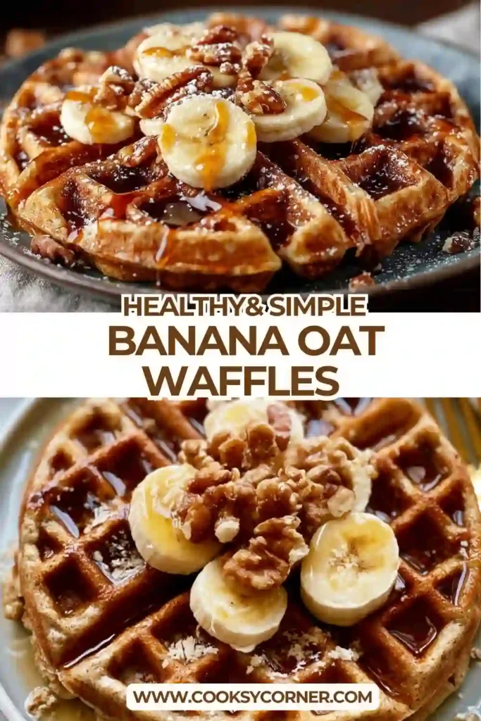 A stack of banana oat waffles served with maple syrup and fresh fruit. These healthy breakfast waffles are made with blended oats and ripe bananas.