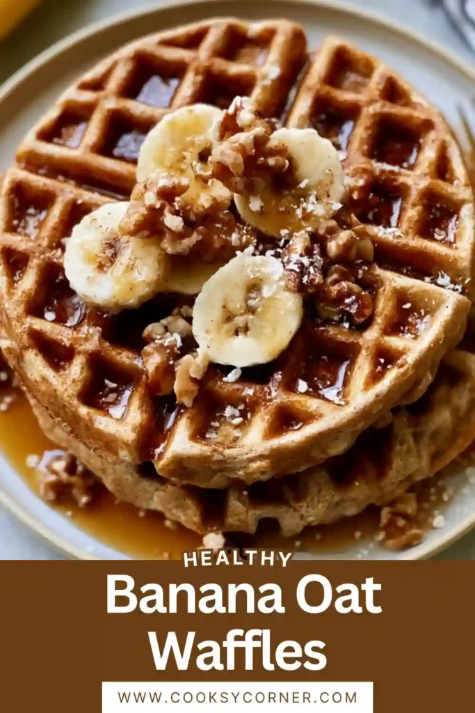 Homemade Healthy Banana Oat Waffles cooling on a serving plate. Made with simple ingredients, these waffles are perfect for a nutritious family breakfast.