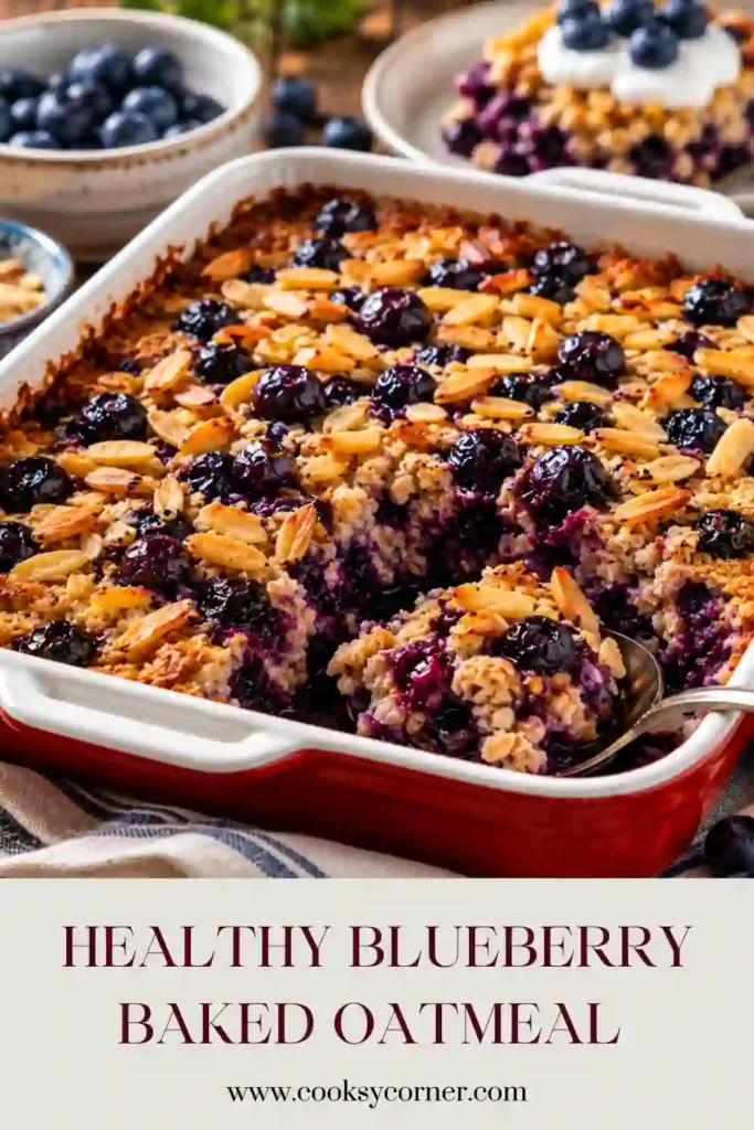 A freshly baked blueberry baked oatmeal served in a baking dish with juicy blueberries throughout. This healthy breakfast recipe features steel-cut oats and natural maple sweetness.
