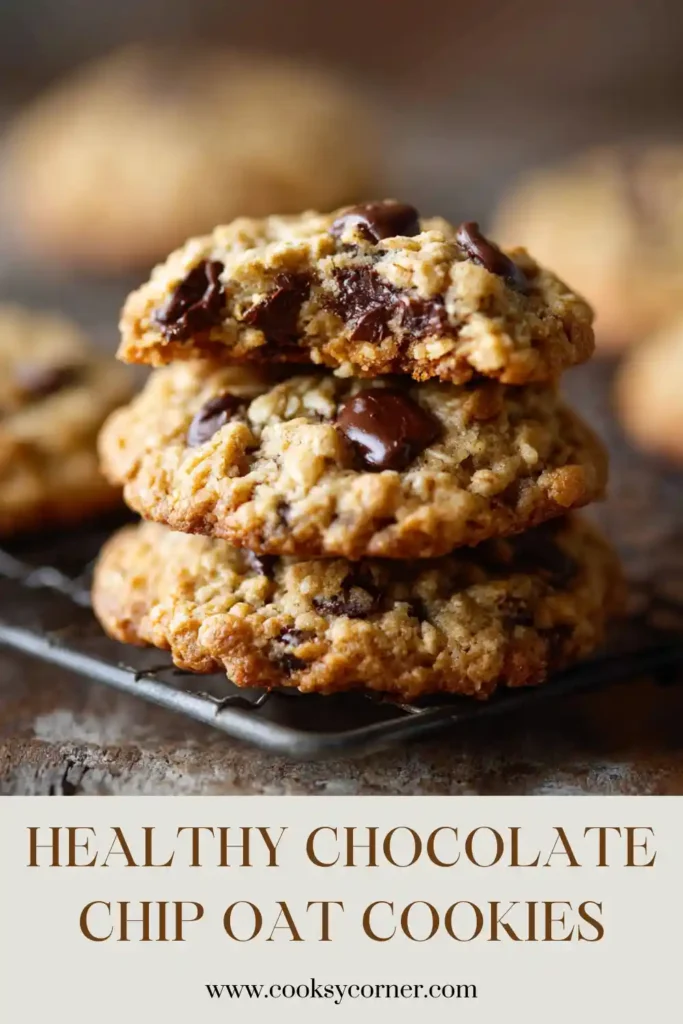 Close-up view of Healthy Chocolate Chip Oat Cookies showing melted chocolate chips and a chewy oatmeal texture. Perfect for healthy snacking and desserts.