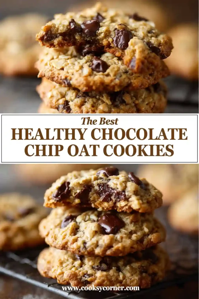 Freshly baked Healthy Chocolate Chip Oat Cookies cooling on a wire rack. These wholesome cookies are made with honey and sugar-free chocolate chips.
