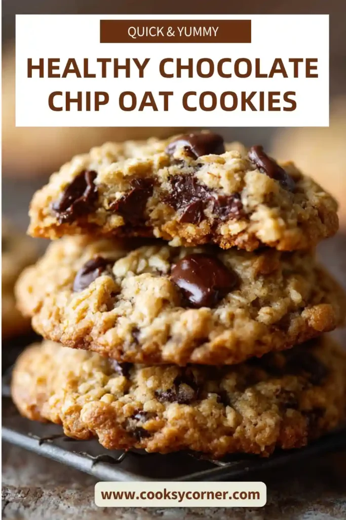A stack of Healthy Chocolate Chip Oat Cookies made with oats, almond flour, and dark chocolate chips. The cookies have a soft, chewy texture and golden-brown edges.