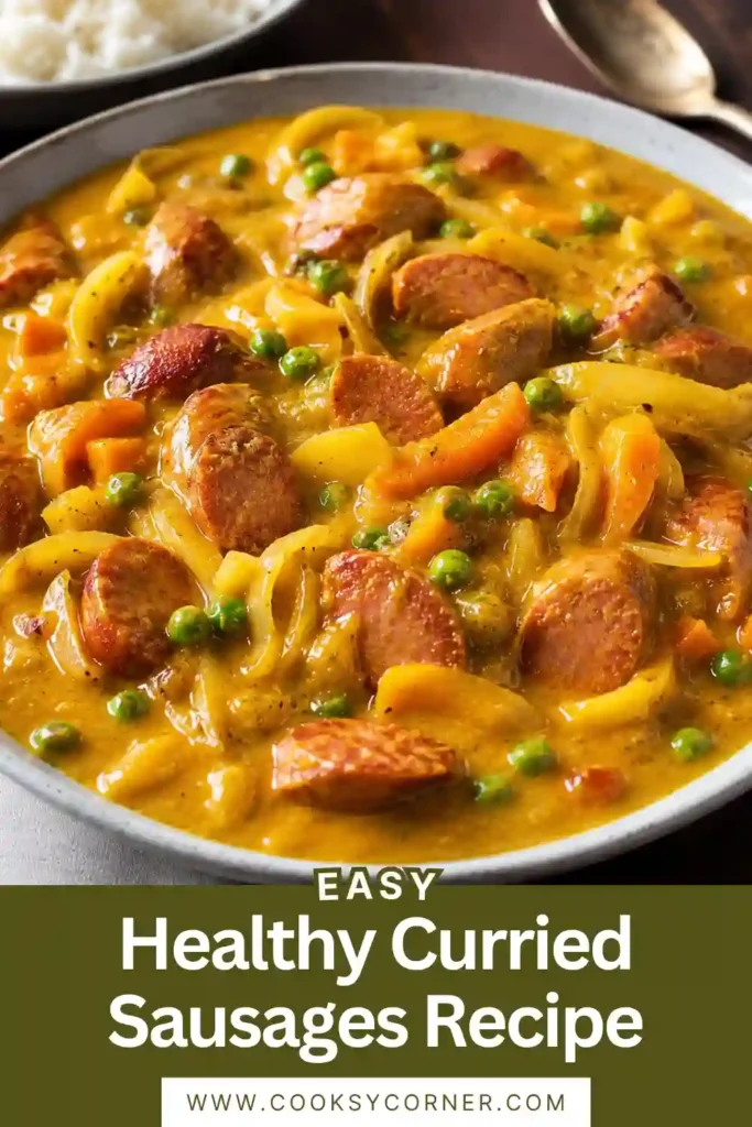 Easy curried sausages topped with fresh parsley and served with steamed rice. The dish features juicy sausages coated in a thick curry sauce with peas and carrots.