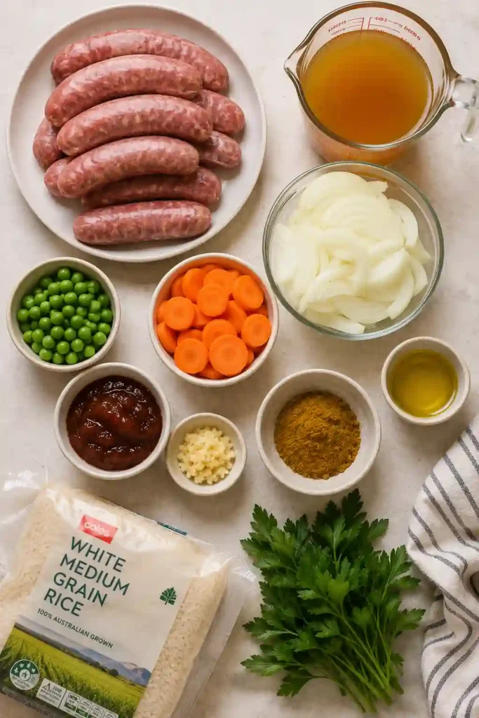 A hearty serving of curried sausages in thick curry sauce accompanied by steamed rice and parsley garnish. The dish showcases tender sausages and colorful vegetables.