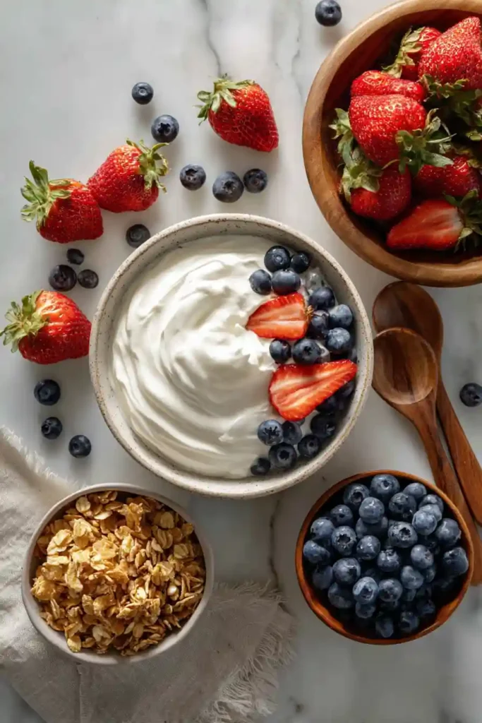 Homemade frozen yogurt snack with berries and crunchy granola.