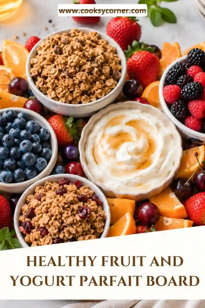 A colorful Fruit and Yogurt Parfait Board featuring fresh berries, sliced fruit, creamy yogurt, and homemade granola arranged on a wooden serving board.