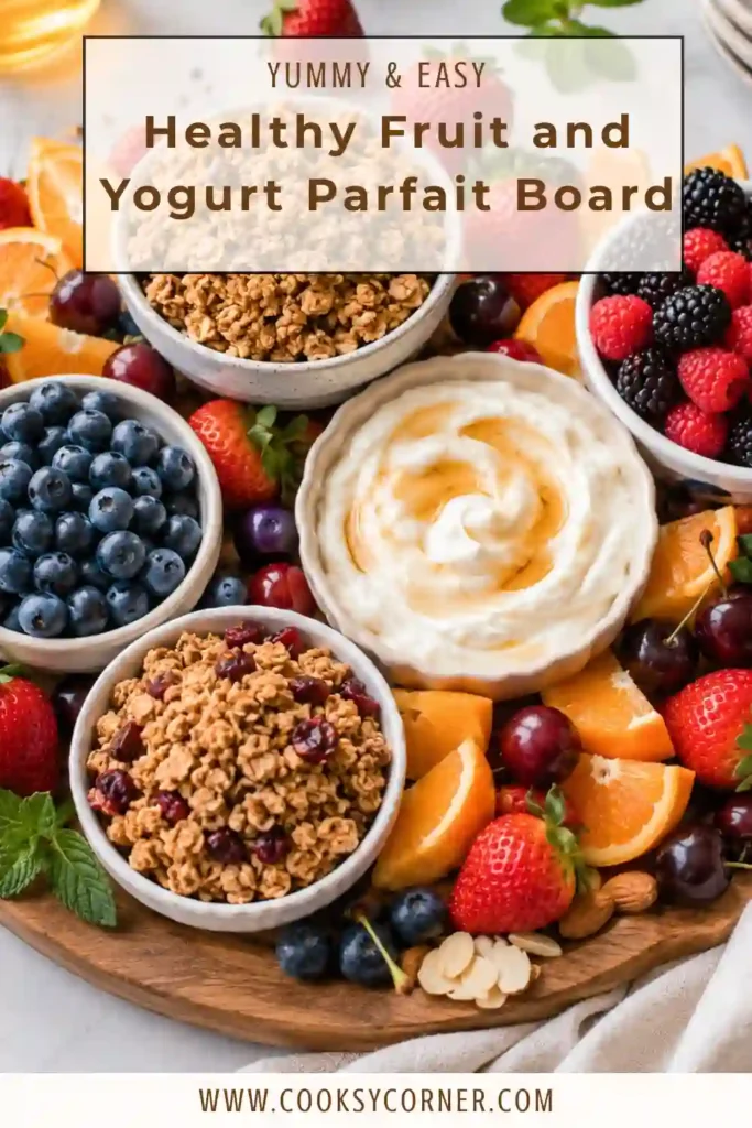 Breakfast grazing board filled with yogurt parfait ingredients including fresh fruit, homemade granola, and natural sweeteners.
