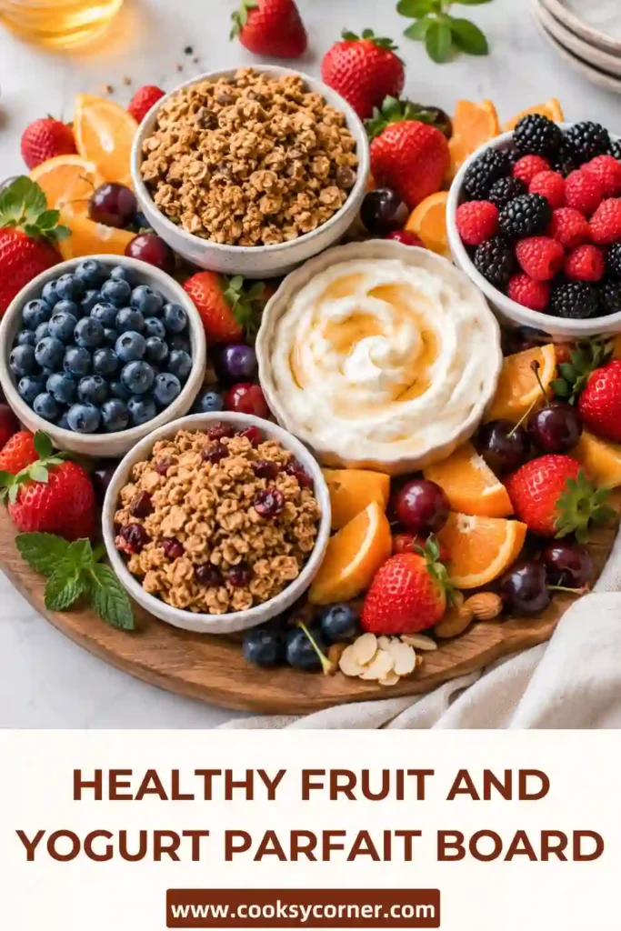 Healthy brunch board with Greek yogurt, fresh strawberries, blueberries, kiwi, and crunchy maple granola beautifully displayed.