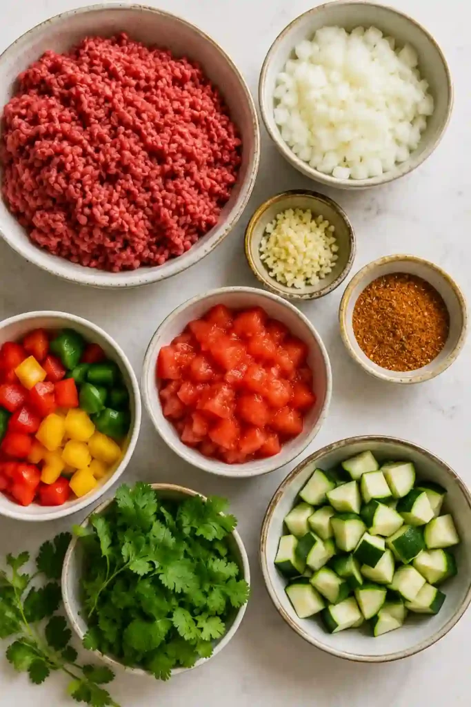 Healthy taco-seasoned ground beef skillet with colorful bell peppers, zucchini, tomatoes, and onions. A nutritious high-protein dinner cooked in one pan.