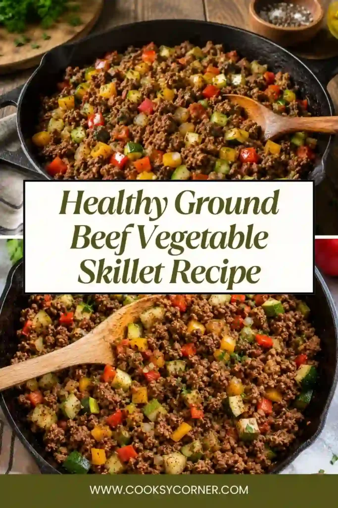 Ground beef vegetable skillet featuring zucchini, bell peppers, onions, and tomatoes cooked with savory taco spices. A quick healthy dinner ready in 30 minutes.