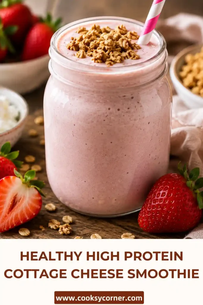 A creamy High Protein Cottage Cheese Smoothie blended with frozen strawberries and peanut butter in a clear glass. This healthy breakfast smoothie is rich in protein and naturally delicious.