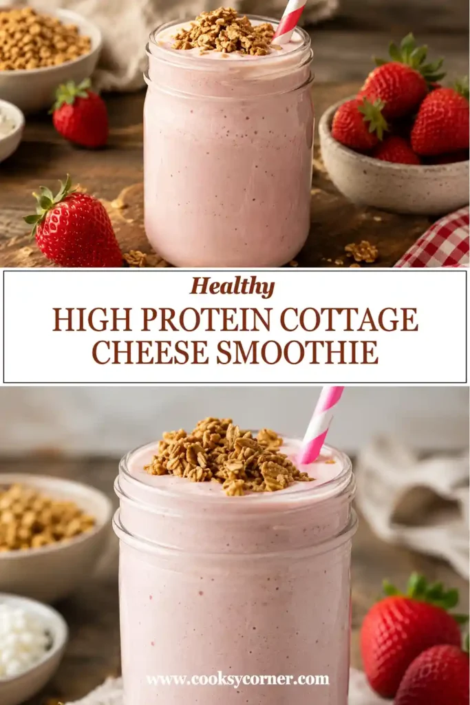 Freshly blended cottage cheese smoothie topped with strawberries. A nutritious protein smoothie recipe perfect for breakfast or post-workout recovery.