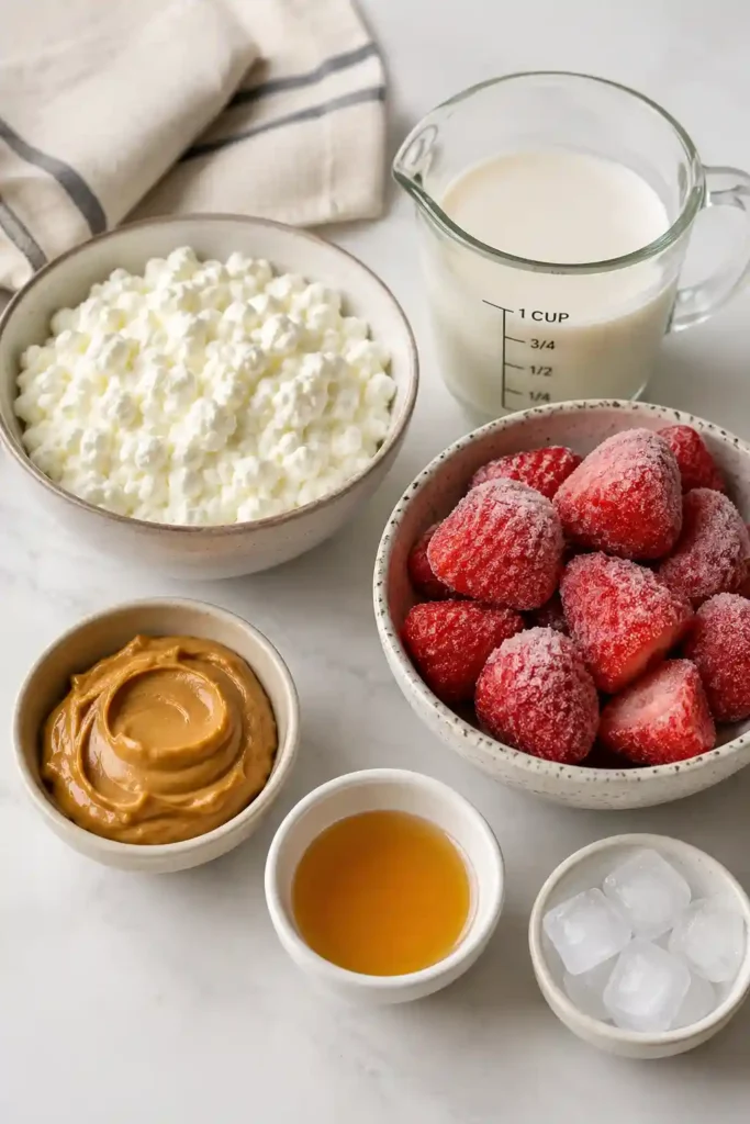 A refreshing High Protein Cottage Cheese Smoothie served in a glass with fresh berries. An easy and healthy smoothie recipe packed with protein.