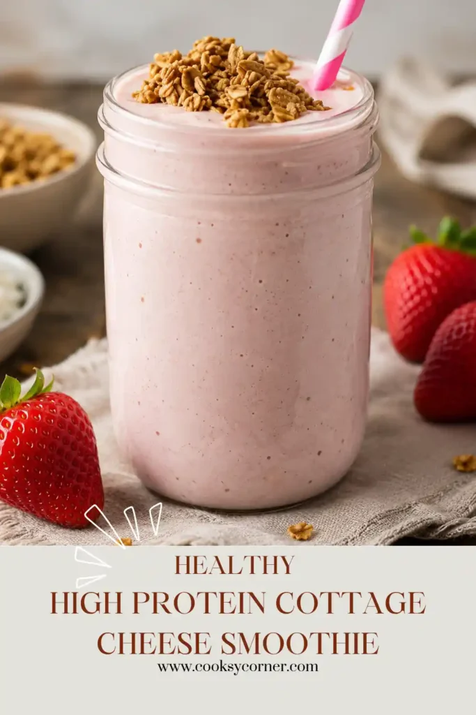 Thick strawberry cottage cheese smoothie made with peanut butter and milk. This high protein breakfast drink has a smooth, creamy texture.