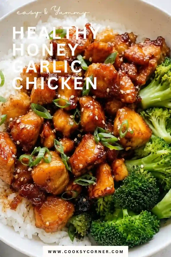 Healthy Honey Garlic Chicken served alongside steamed broccoli and brown rice for a balanced, high-protein meal.