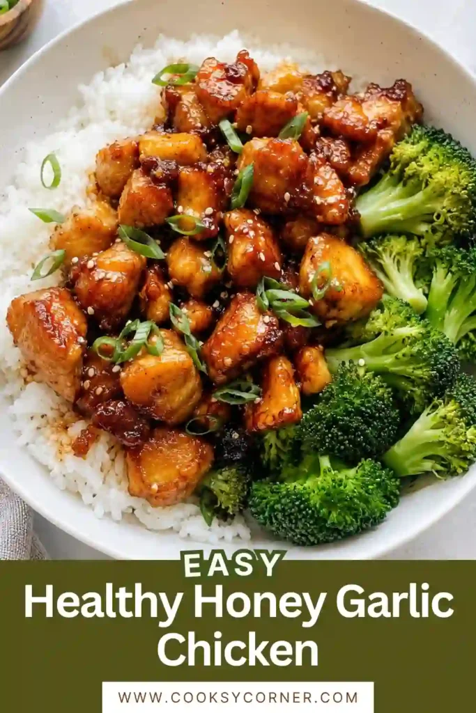 A skillet filled with Healthy Honey Garlic Chicken simmering in a sticky honey garlic sauce with fresh garlic and sliced green onions.