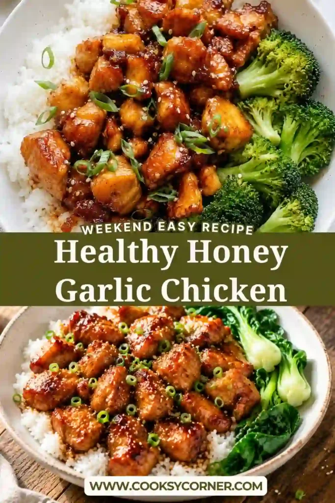 Healthy Honey Garlic Chicken served over steamed jasmine rice with sliced green onions. The golden chicken is coated in a glossy homemade honey garlic sauce, making this an easy and flavorful family dinner.