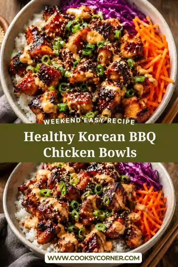 Korean-inspired rice bowl featuring caramelized BBQ chicken, fresh vegetables, and sesame garnish served in a modern bowl.