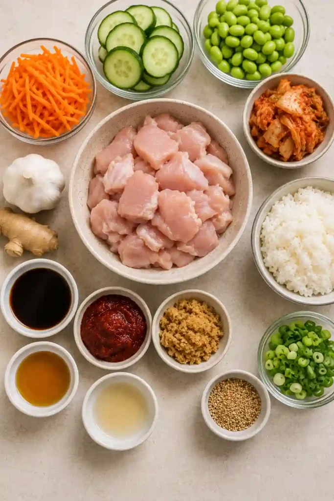 Easy weeknight Korean chicken rice bowl loaded with fresh vegetables and savory gochujang chicken.