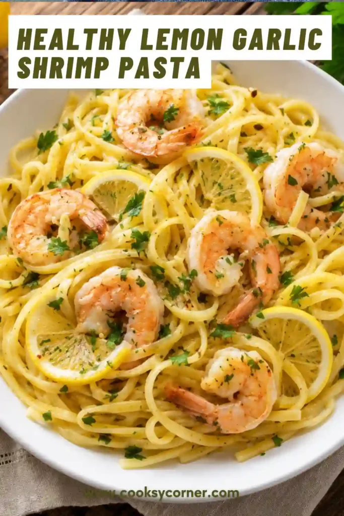 Close-up of Lemon Garlic Shrimp Pasta featuring tender shrimp and spaghetti coated in a light lemon sauce.
