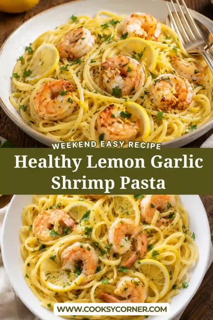 Homemade shrimp pasta tossed in a buttery lemon garlic sauce and garnished with fresh herbs.