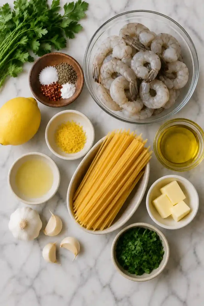 Italian-style shrimp pasta with garlic, lemon zest, parsley, and perfectly cooked spaghetti.