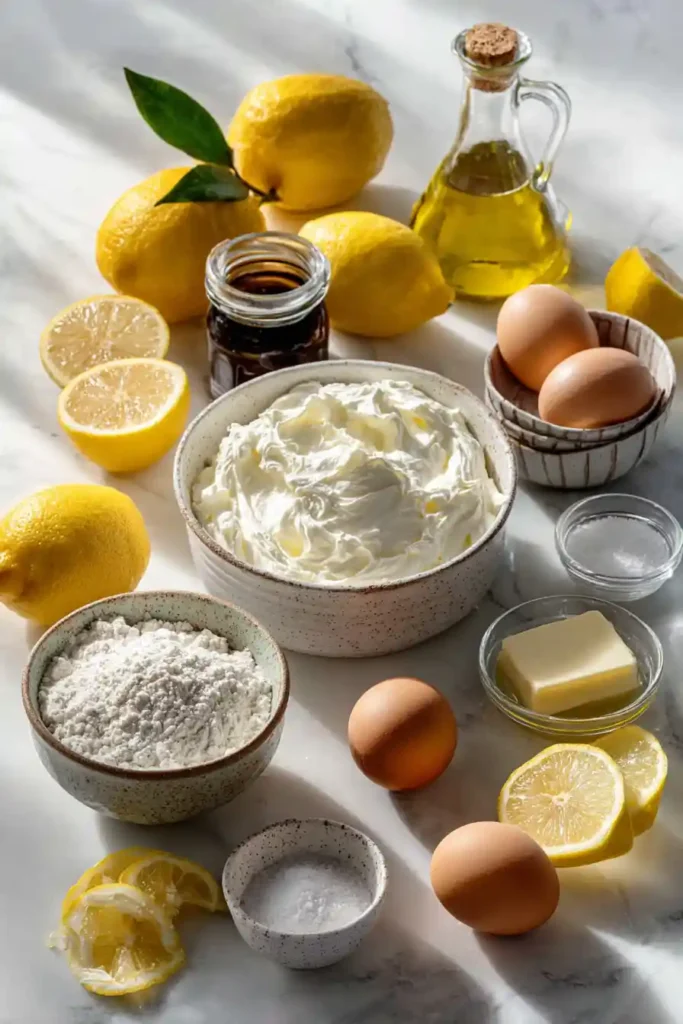 Healthy Lemon Yogurt Cake Easy served with tea and fresh lemons on a rustic table. The loaf is glazed and garnished with lemon zest.