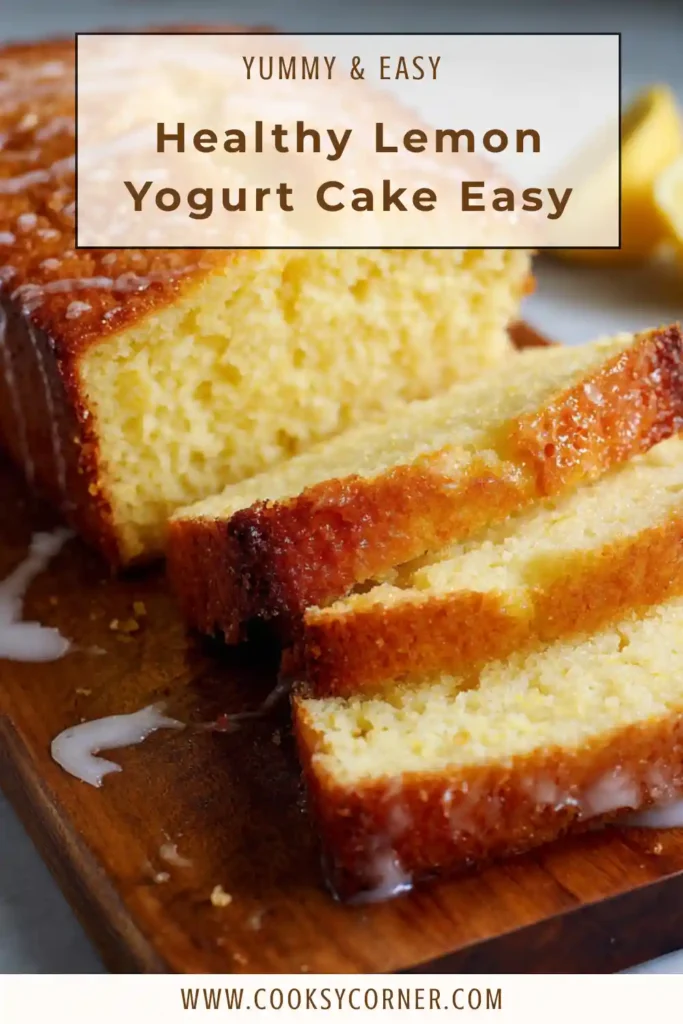 Healthy Lemon Yogurt Cake Easy displayed on a cake stand with lemon slices and a drizzle of glaze. The cake appears moist and beautifully baked.