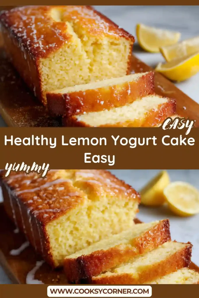 A sliced Healthy Lemon Yogurt Cake Easy topped with lemon glaze and fresh lemon zest on a serving board. The loaf has a moist texture and golden crust.