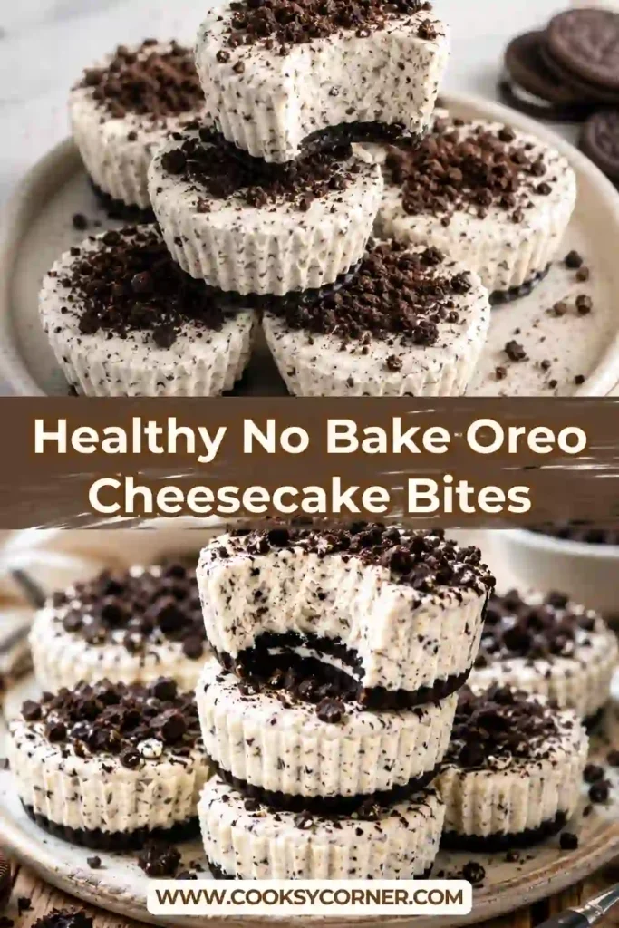 Healthy cheesecake bites made with Greek yogurt and Oreo Thins in individual cupcake liners.