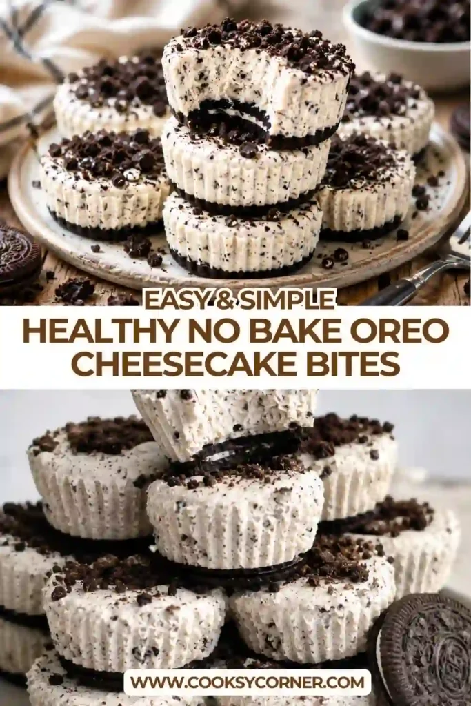 Mini Oreo cheesecake bites with creamy filling and crunchy Oreo cookie base arranged on a dessert platter.Easy Frozen Oreo Cheesecake Bites
