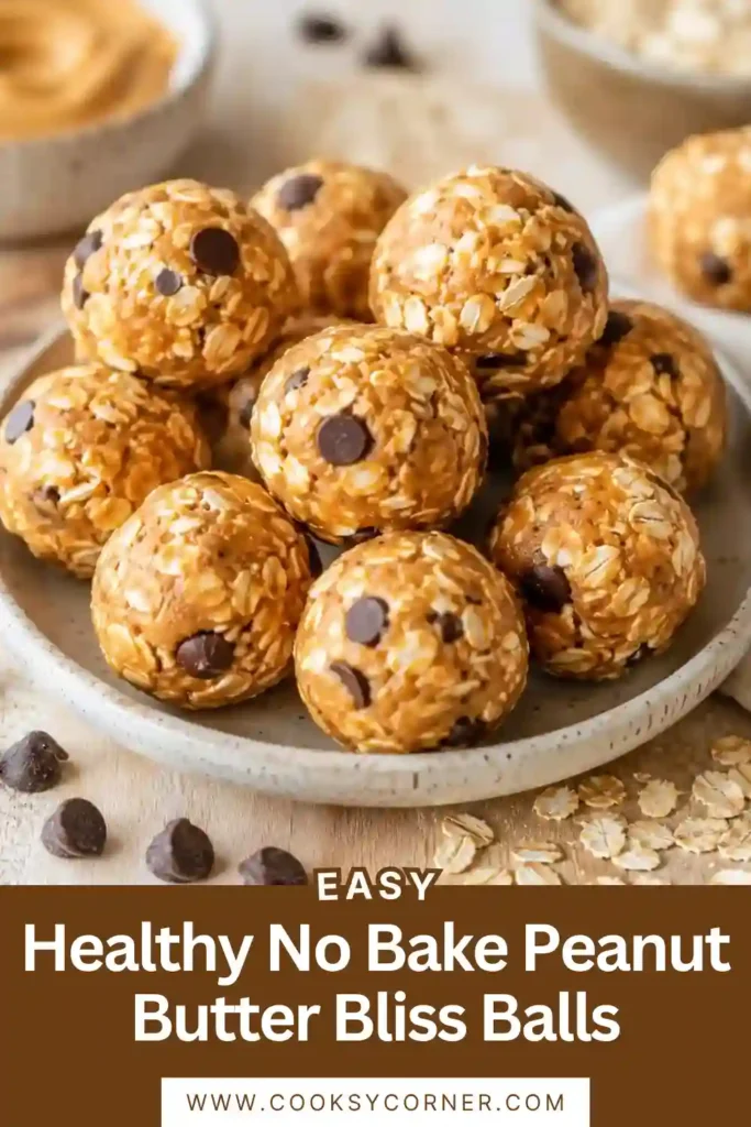 Close-up of peanut butter bliss balls with visible oats and chocolate chips. These no bake energy bites offer a healthy and protein-rich snack option.