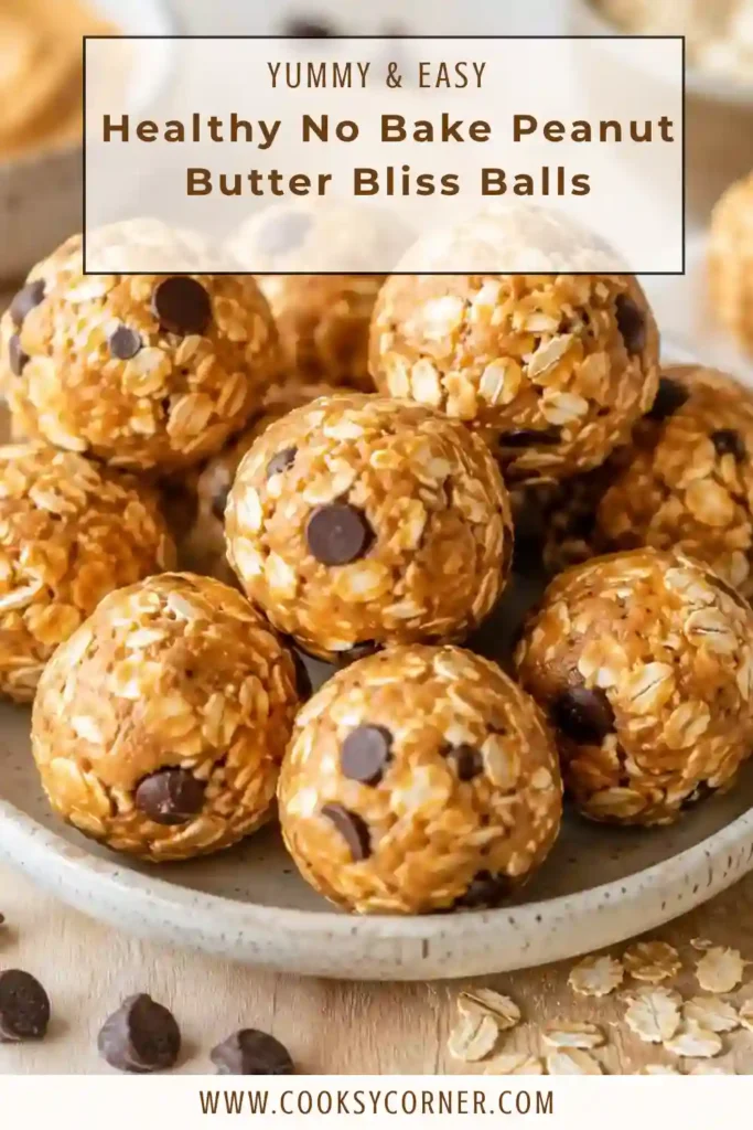 A plate of Healthy No-Bake Peanut Butter Bliss Balls made with oats, peanut butter, and dark chocolate chips. These homemade energy bites are a nutritious snack perfect for meal prep.