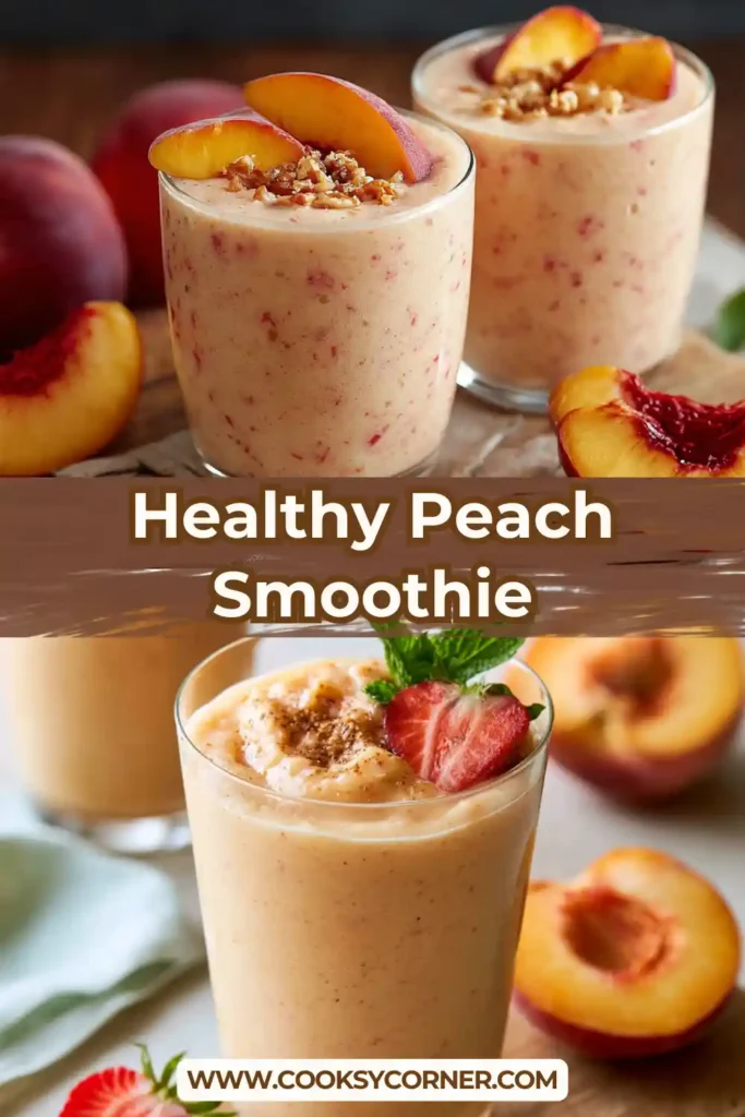 Peach Smoothie poured into serving glasses with fresh peaches nearby.