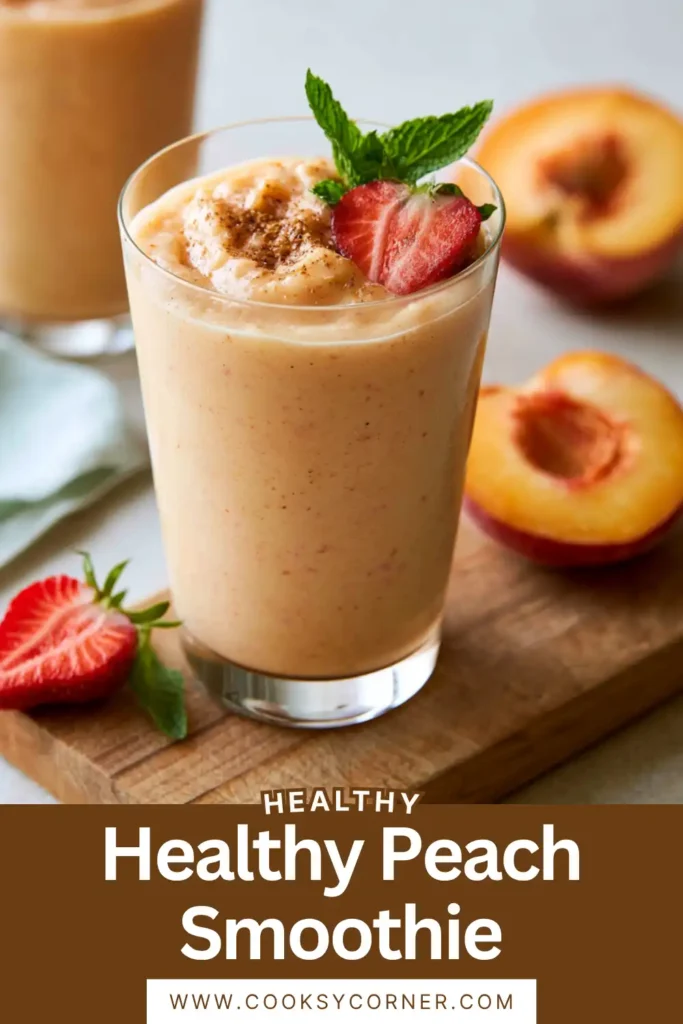 Healthy peach banana smoothie topped with granola and fresh fruit.