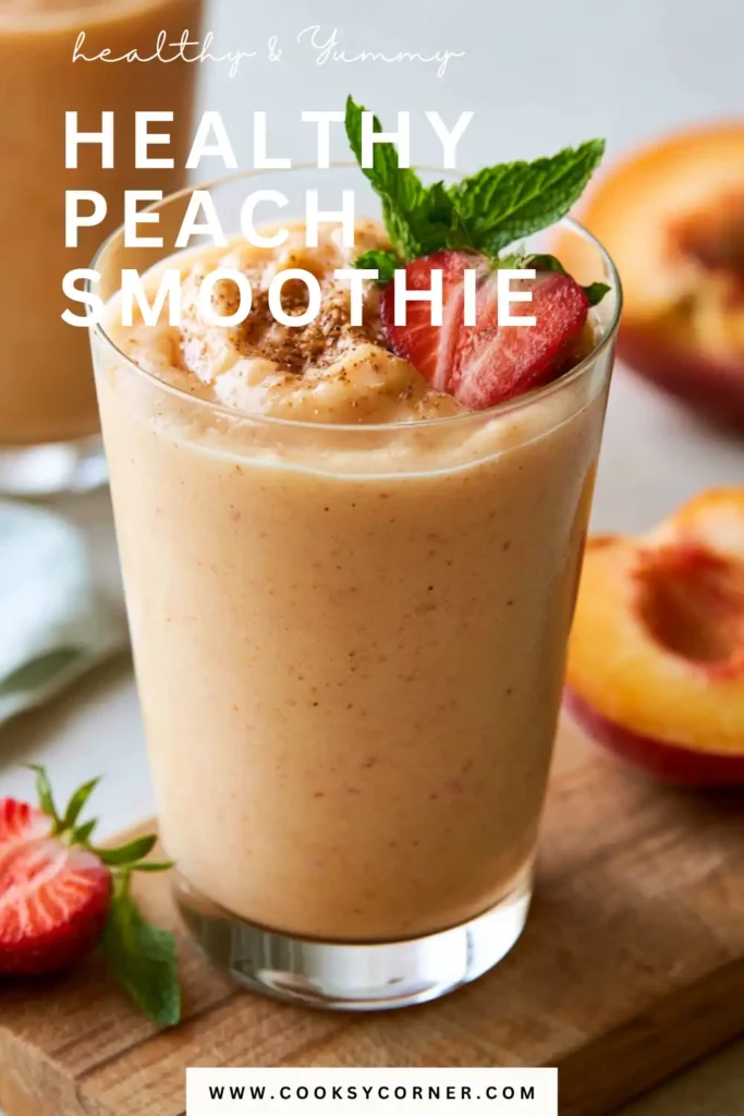 Creamy Peach Smoothie served in a glass and garnished with fresh peach slices.