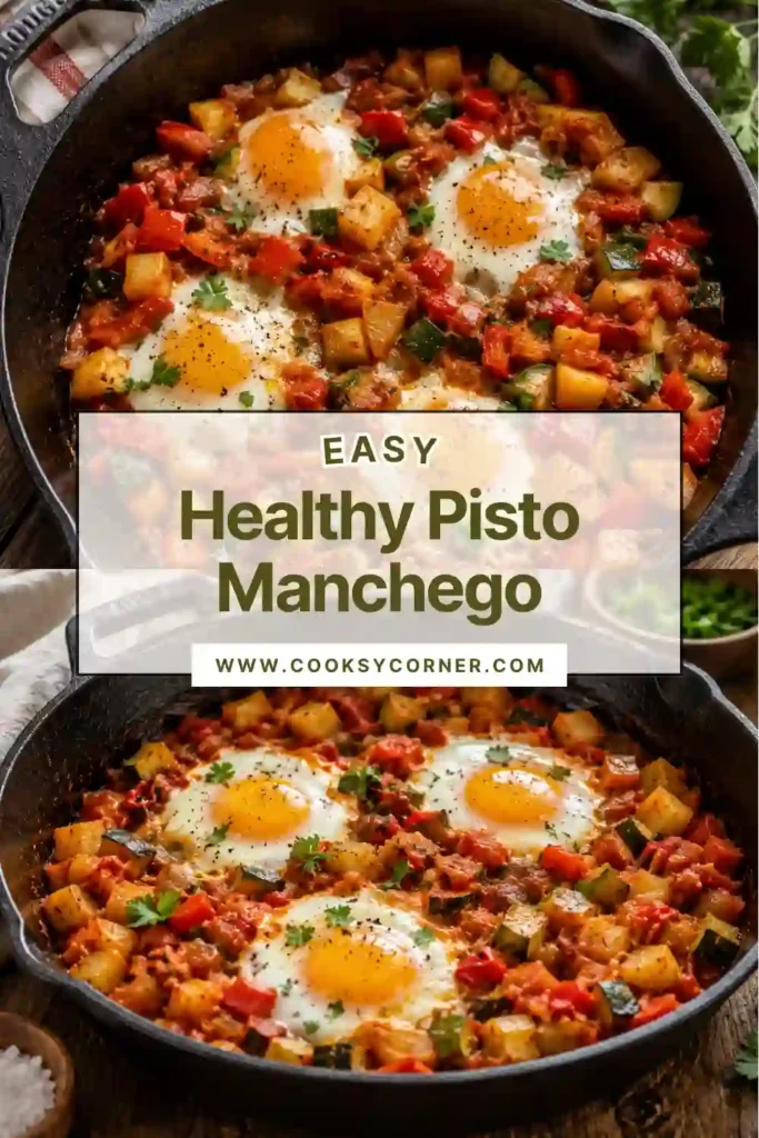 Traditional Spanish vegetable stew topped with fresh parsley and Manchego cheese in a rustic serving bowl.