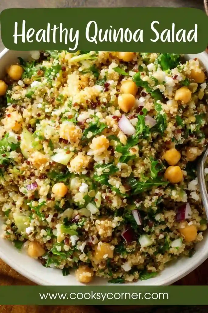 A bowl of Aniston Salad Recipe made with quinoa, chickpeas, cucumber, fresh herbs, pistachios, and feta cheese. The salad is tossed in a bright homemade lemon dressing.