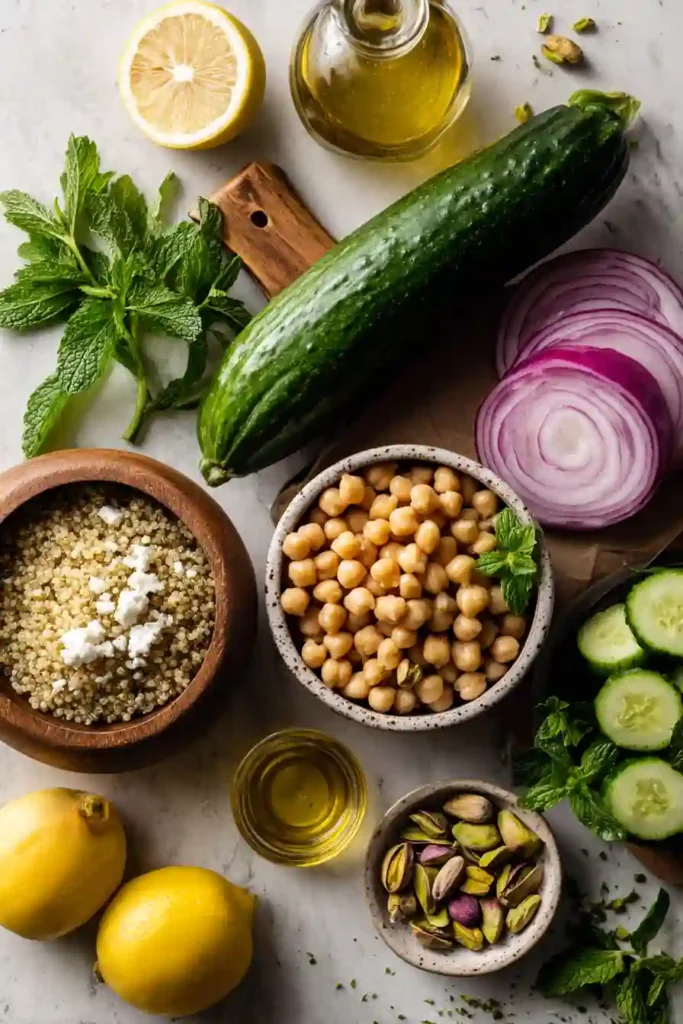 Close-up of Aniston Salad Recipe with lemon dressing, quinoa, chickpeas, cucumber, and fresh herbs. A nutritious and protein-rich meal prep salad.