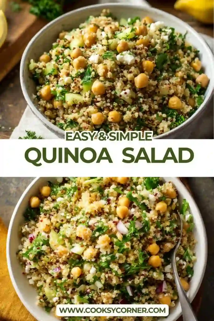 Fresh Aniston Salad Recipe served in a large bowl with fluffy quinoa, crunchy cucumbers, creamy feta, and chopped herbs. A healthy Mediterranean-inspired meal perfect for lunch.