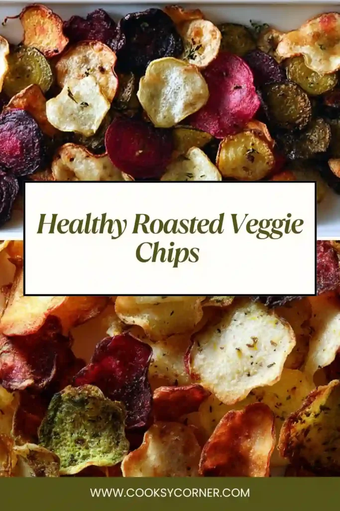 Crispy Roasted Veggie Chips arranged in a serving bowl with vibrant slices of roasted root vegetables. A healthy baked snack featuring beets, radishes, and parsnips.