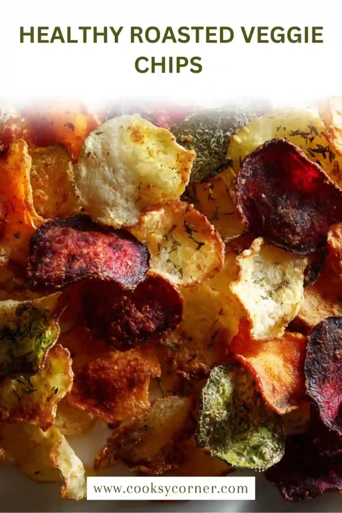 Homemade Roasted Veggie Chips fresh from the oven with herbs, olive oil, and root vegetables. A nutritious alternative to traditional potato chips.
