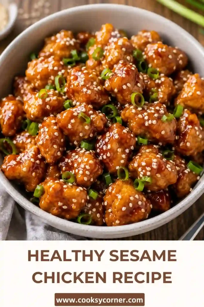 Close-up of crispy sesame chicken garnished with sesame seeds and fresh green onions. The glossy sauce clings to every piece of chicken.