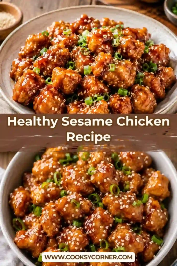 Restaurant-style sesame chicken served in a bowl with steamed rice and green onions. The chicken is coated in a shiny sweet and savory sesame sauce.